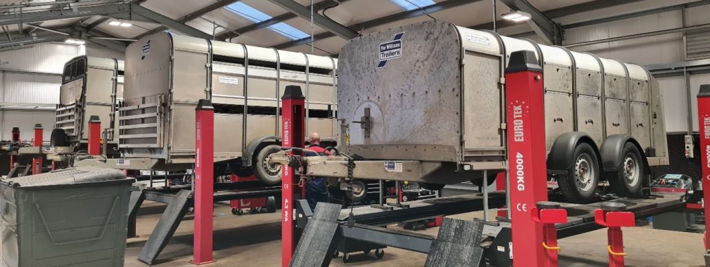 Ifor Williams Viehanhänger auf einer Hebebühne in einer Werkstatt zur Wartung.
