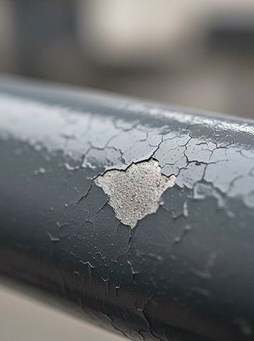 Abgeplatzte Beschichtung mit freiliegender, rauer Metallschicht am dunklen Rohr